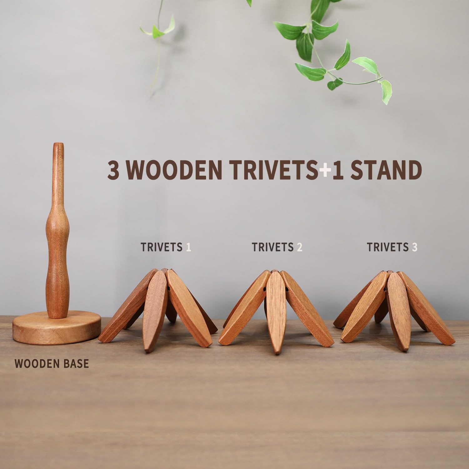 𝗡𝗘𝗪 Set of 3 Kitchen Table Decor Foldable Wooden Trivets for Hot Pots and Pans，Tree Shape Trivets, （Sapele Wood Trivets）