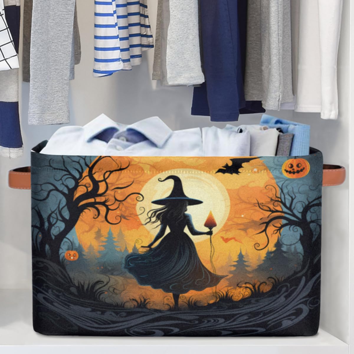 Halloween Witch Moon Bat Foldable Storage Basket Bin Large Fabric Kids Toys Storage Cube Box with Handles Collapsible Closet Shelf Cloth Organizer Basket for Nursery Bedroom Shelves Laundry