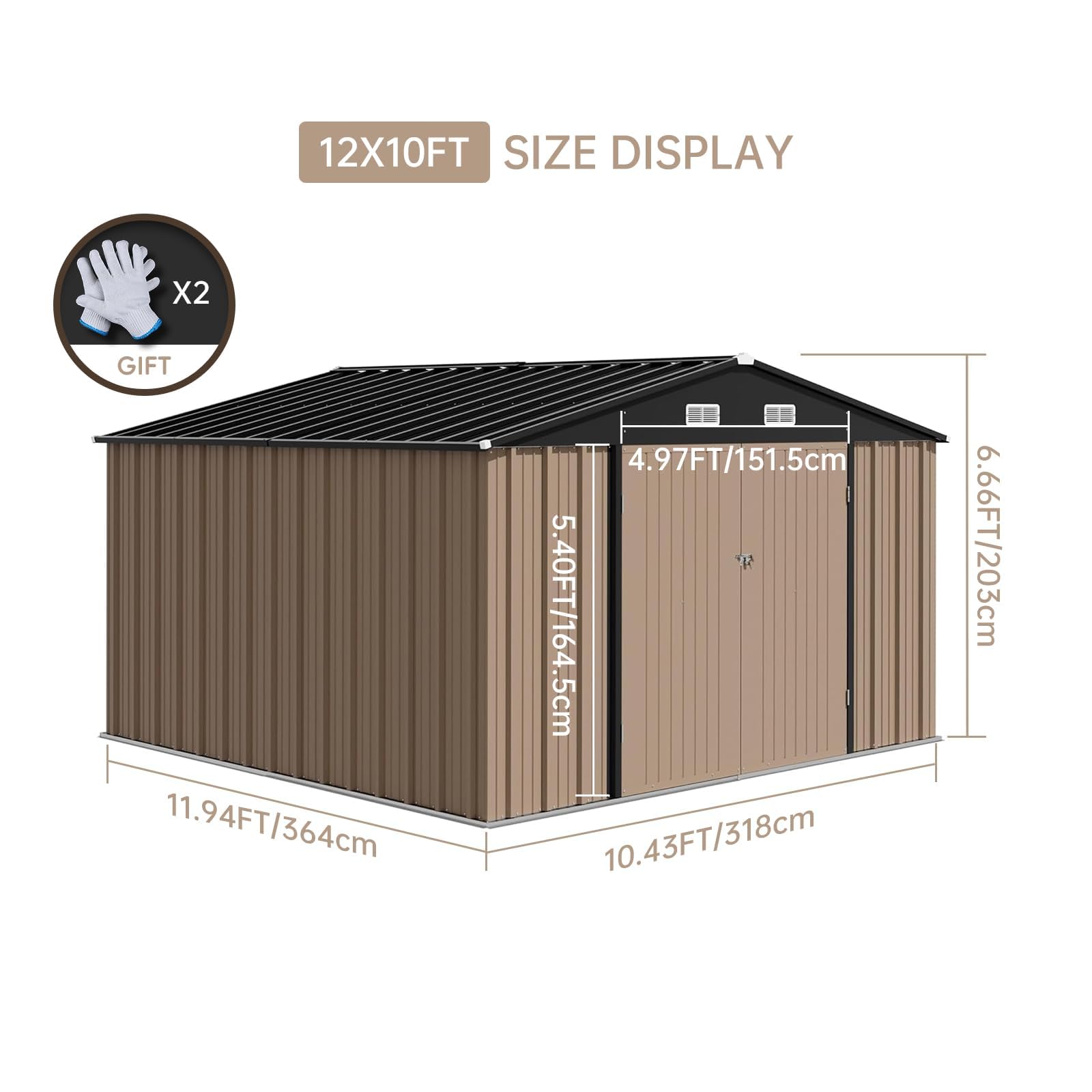 Zstar 12x10 FT Metal Outdoor Storage Shed, Steel Utility Tool Shed Storage House with Lockable Door Design, Metal Sheds Outdoor Storage for Garden, Patio, Backyard, Outside Use, Brown