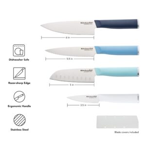 KitchenAid Chef Set with Custom-Fit Covers, Sharp Kitchen Knife, High-Carbon Japanese Stainless Steel Blade, 4 Piece, Multicolored