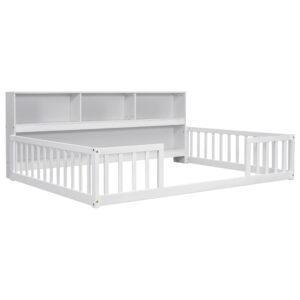 Floor Bed with Rails Full Size, Wood Montessori Floor Bed with Storage Bookcase, Kids Bed Frame with Fence and Shelves for Boys Girls, White