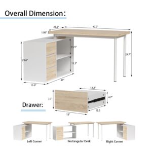 Mekminop L Shape Computer Desk with 3 Drawers and 2 Shelves, Home Office Desk Corner Small Desk with Storage Cabinet for Writing Study Executive – Walnut and White