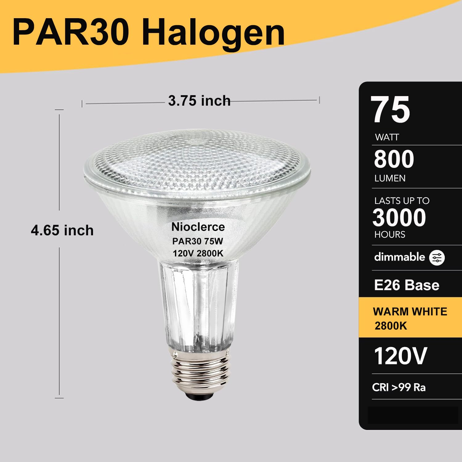 Nioclerce PAR30 Long Neck Halogen 75W 120V - 6 Pack PAR30 75W 120V Flood Bulb E26 Base, PAR30 Dimmable Warm White 2800K, High Output 800LM 75W PAR30 Halogen Bulb for Tracking Light, Recessed Light