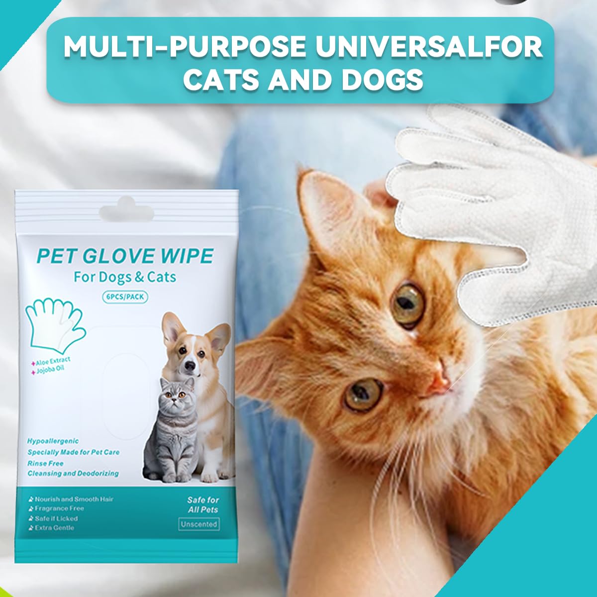 Dog and Cat Cleaning Gloves, Cleaning and Deodorizing Grooming Gloves, Dog and Cat Fur Face, Ears, Eyes, Paws Cleaner, Pet Grooming Wipes, Nourishing Fur, for Daily Care and Travel, No Rinse (6 Pcs)