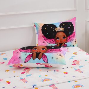 A Nice Night Black Girl Princess with Wings Comforter Set,Pink Gradient Glitter Rainbow Galaxy 6pcs Kids Bedding Set,Twin