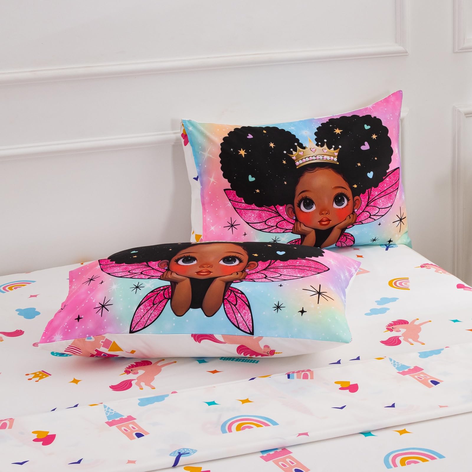 A Nice Night Black Girl Princess with Wings Comforter Set,Pink Gradient Glitter Rainbow Galaxy 6pcs Kids Bedding Set,Twin