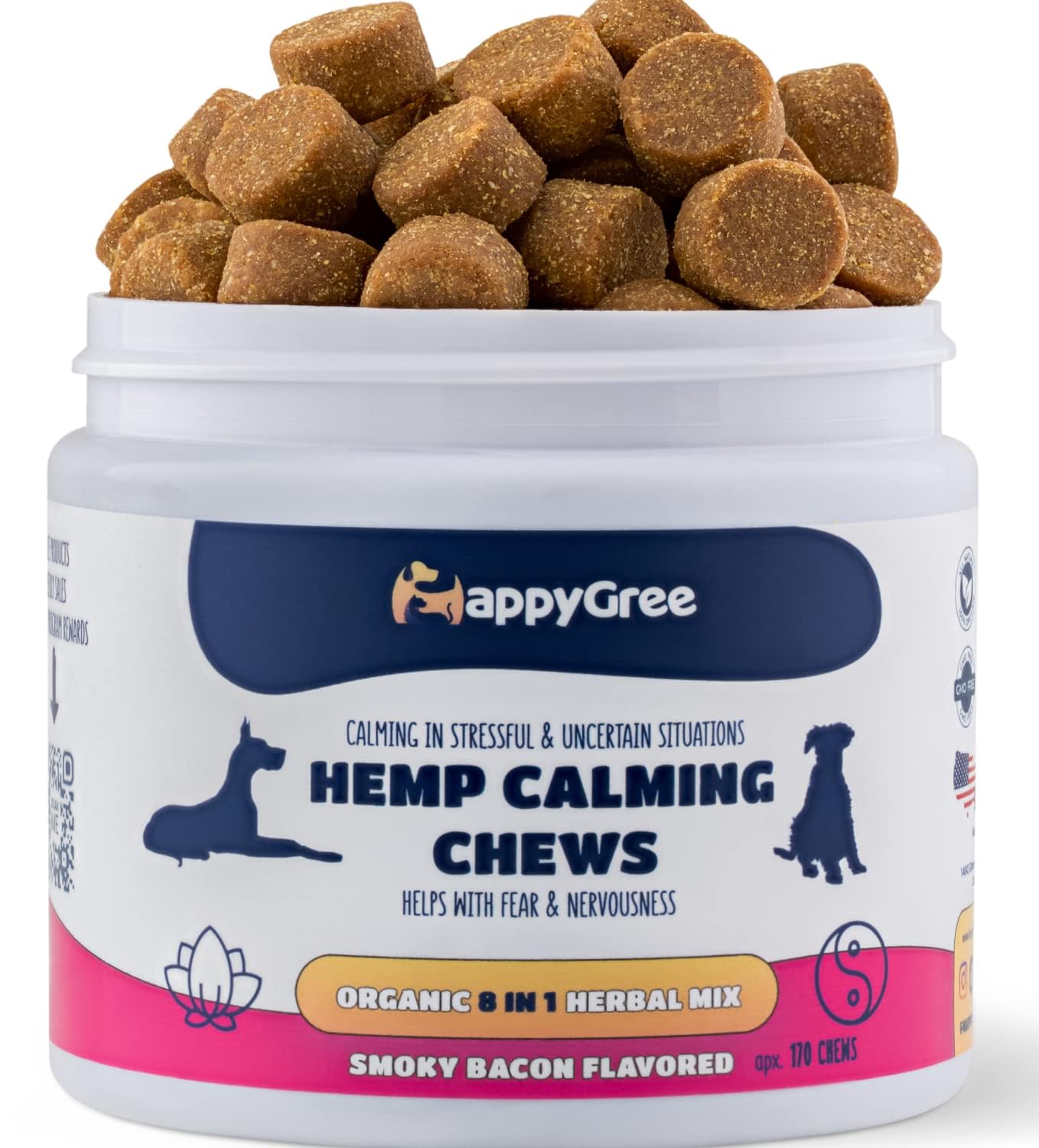 Best Natural Health Supplements for Dogs, Various Formulas & Benefits - Vet Recommended, 170 Natural Soft Chews - Smoky Bacon Flavor, Made in The USA (Hemp Calming)