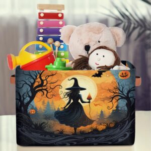 Halloween Witch Moon Bat Foldable Storage Basket Bin Large Fabric Kids Toys Storage Cube Box with Handles Collapsible Closet Shelf Cloth Organizer Basket for Nursery Bedroom Shelves Laundry