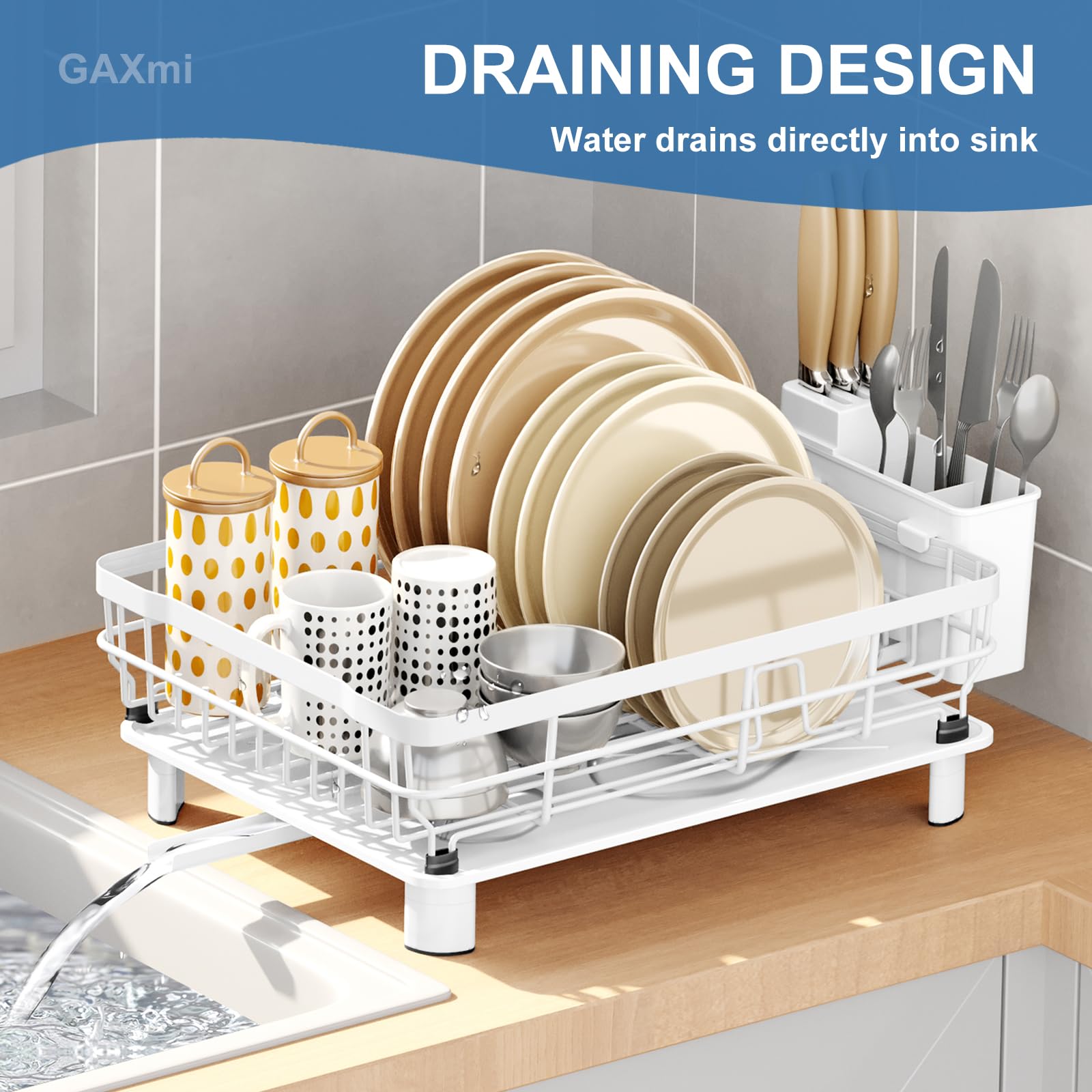 GAXmi Dish Drying Rack Over The Sink Dish Drainer with Drainboard Utensil Holder Adjustable Spout, 1-Tier White