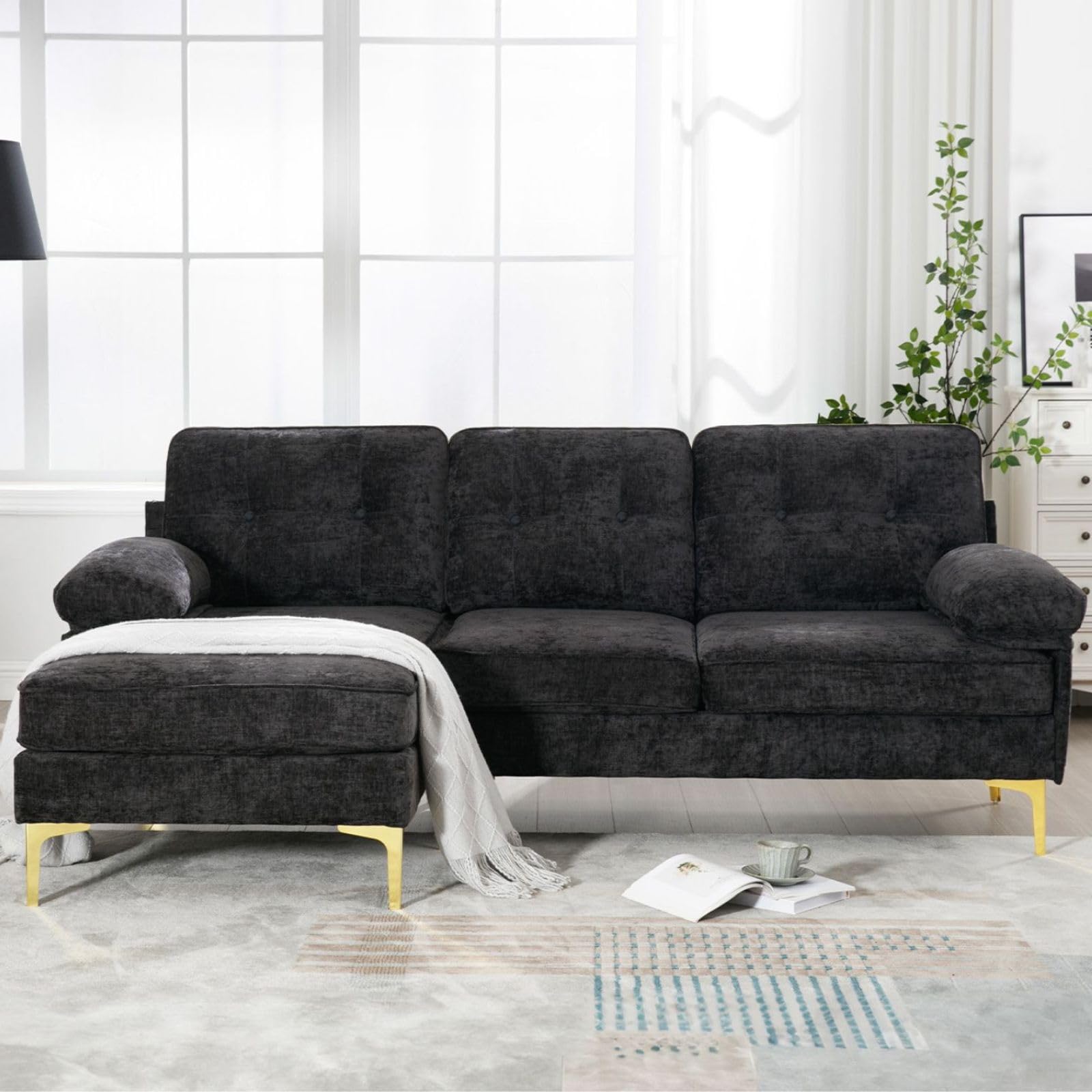 Apicizon 82" Black Sectional Sofa Cloud Couches, Modern L-Shaped Sofa Chaise Sleeper for Living Room, Convertible Sofa Couch with Cushion for Apartment Chenille