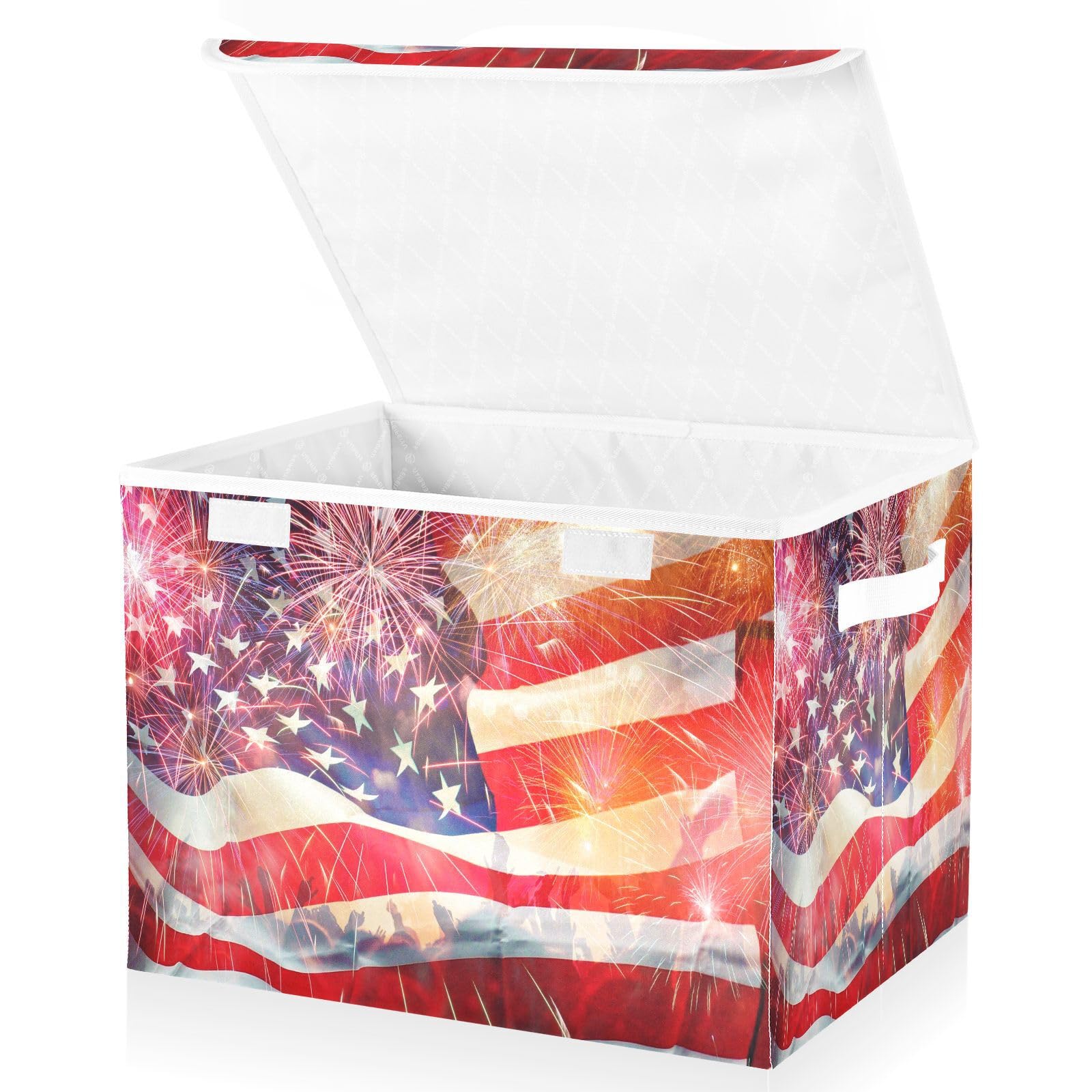 DIGTIA Veterans Day Storage Bins with Lids USA Flag Firework Foldable Storage Boxes with Handles 4th Of July Large Storage Basket Collapsible Organizer Containers for Closet Home Bedroom Office