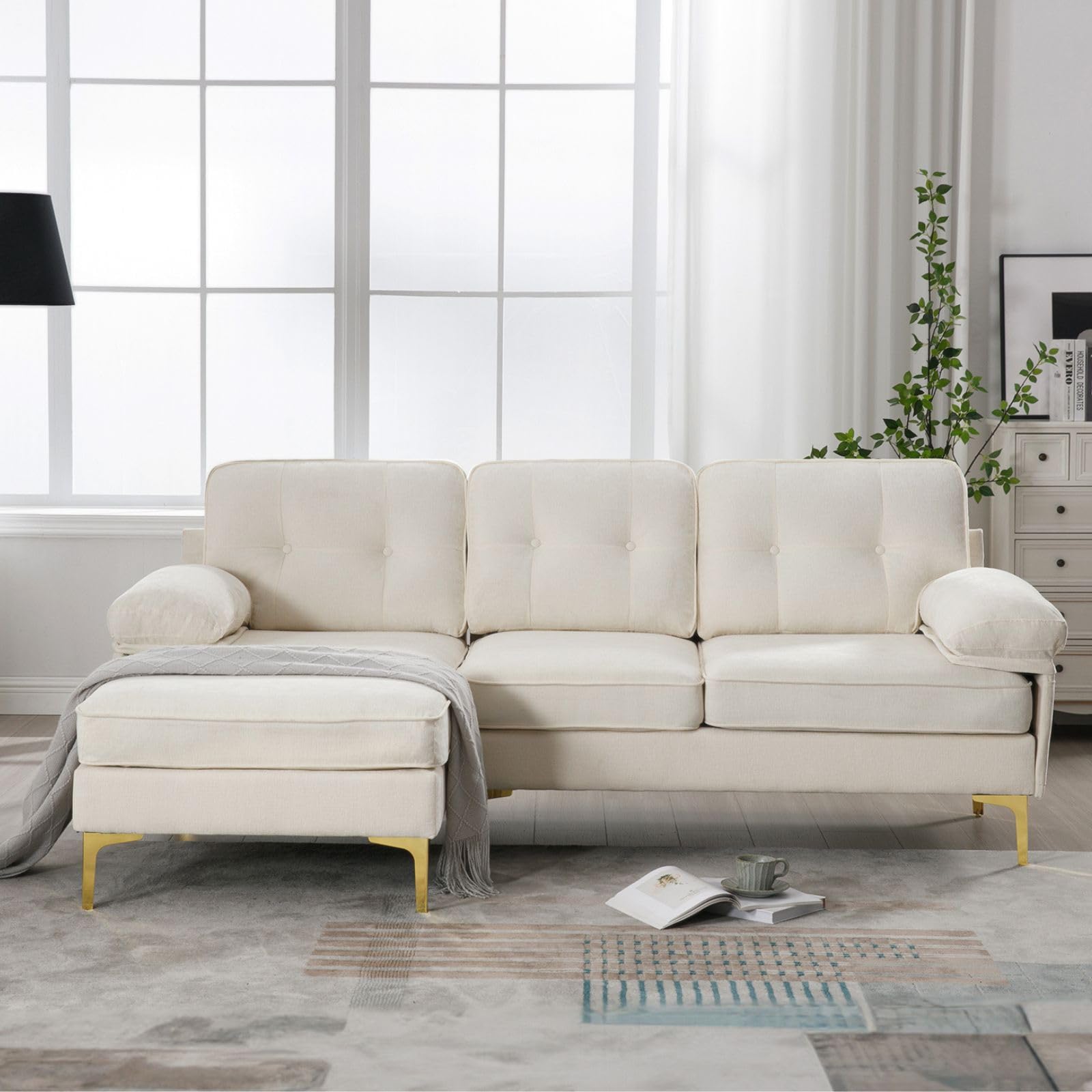 Apicizon 82" Sectional Couch L-Shaped Sofa, White Convertible Sectional Couch Sofa for Living Room, 3 Seater Sofa Couch with Tufted Cushion for Apartment, Beige Chenille