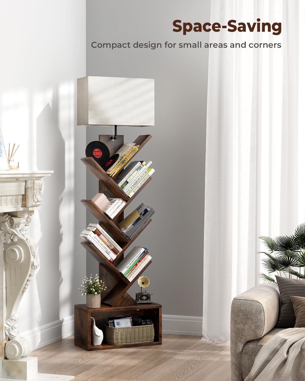 Evermagin 6 Tier Tree Bookshelf with Light, Small Bookcase Tower for Books/CDs/Movies, Tall Floor Standing Book Organizer with Storage Cabinet for Living Room, Bedroom & Home Office, Rustic Brown