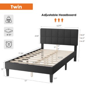 Sweetcrispy Twin Size Wood Bed Frame - Linen Upholstered Platform Bed with Headboard, No Box Spring Needed with 800LBS Sturdy Wooden Slats Support, Noise Free, Easy Assembly, Dark Grey