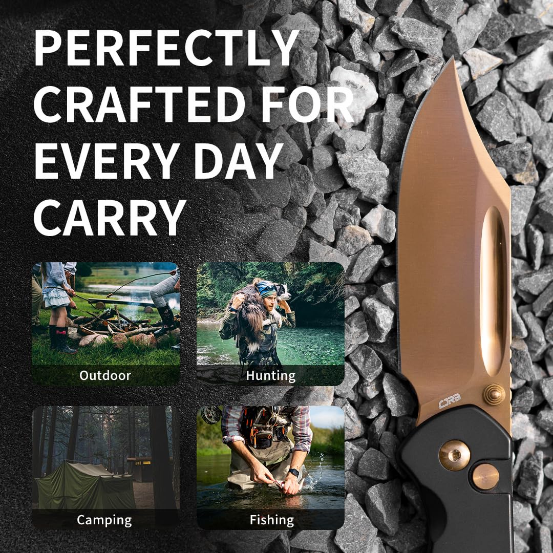 CJRB Bowie Pyrite Pocket Knife, EDC Knife, Folding Knife with 3.15'' AR-RPM9 Steel Rose Gold Blade, Hunting Knife with Clip Steel Handle for Camping, Survival - Suitable for Men & Women - J1942