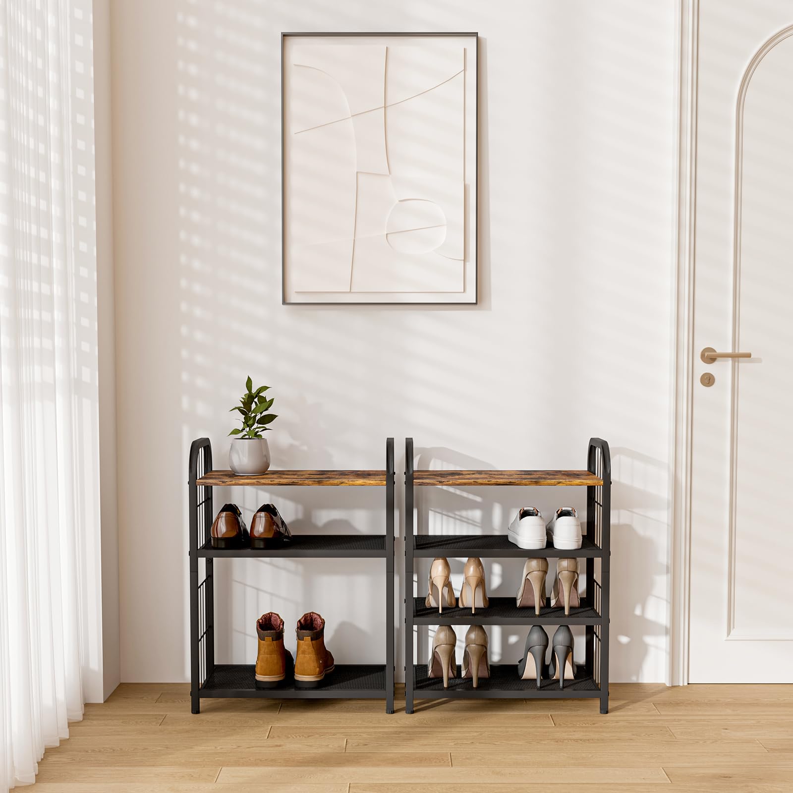 BWOORACKU Shoe Rack, 4-Tier Shoe Organizer with Guardrails, Heavy-Duty Metal Mesh Shelves & Rustic Wooden Top for Stylish Closet & Front Door Storage