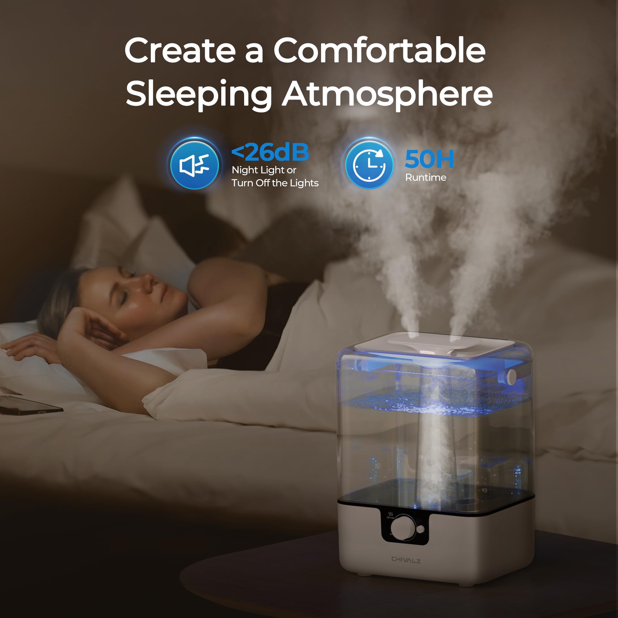 6L Humidifiers for Bedroom Large Room Home, CHIVALZ Cool Mist Top Fill Humidifiers for Baby Nursery and Plants, 26dB Quiet, Nightlight, Up to 50 Hours, Oil Diffuser 1 Pack + 2 Mist Outlets White