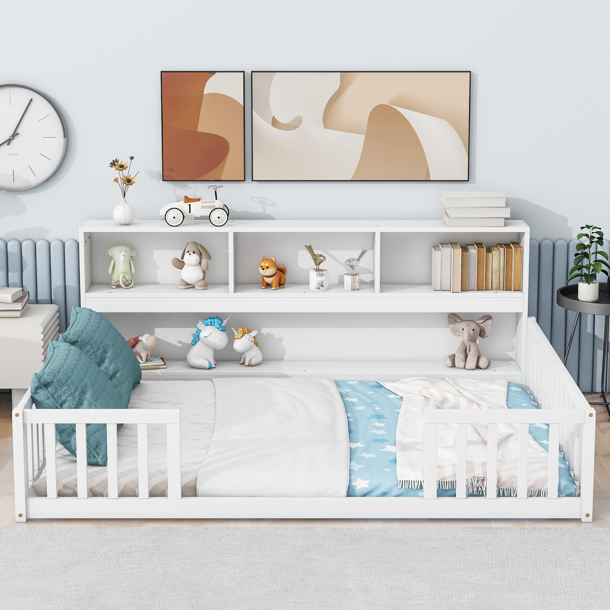 Harper & Bright Designs Full Size Floor Bed with Bedside Bookcase, Shelves, Guardrails, Wood Montessori Bed with Storage, White