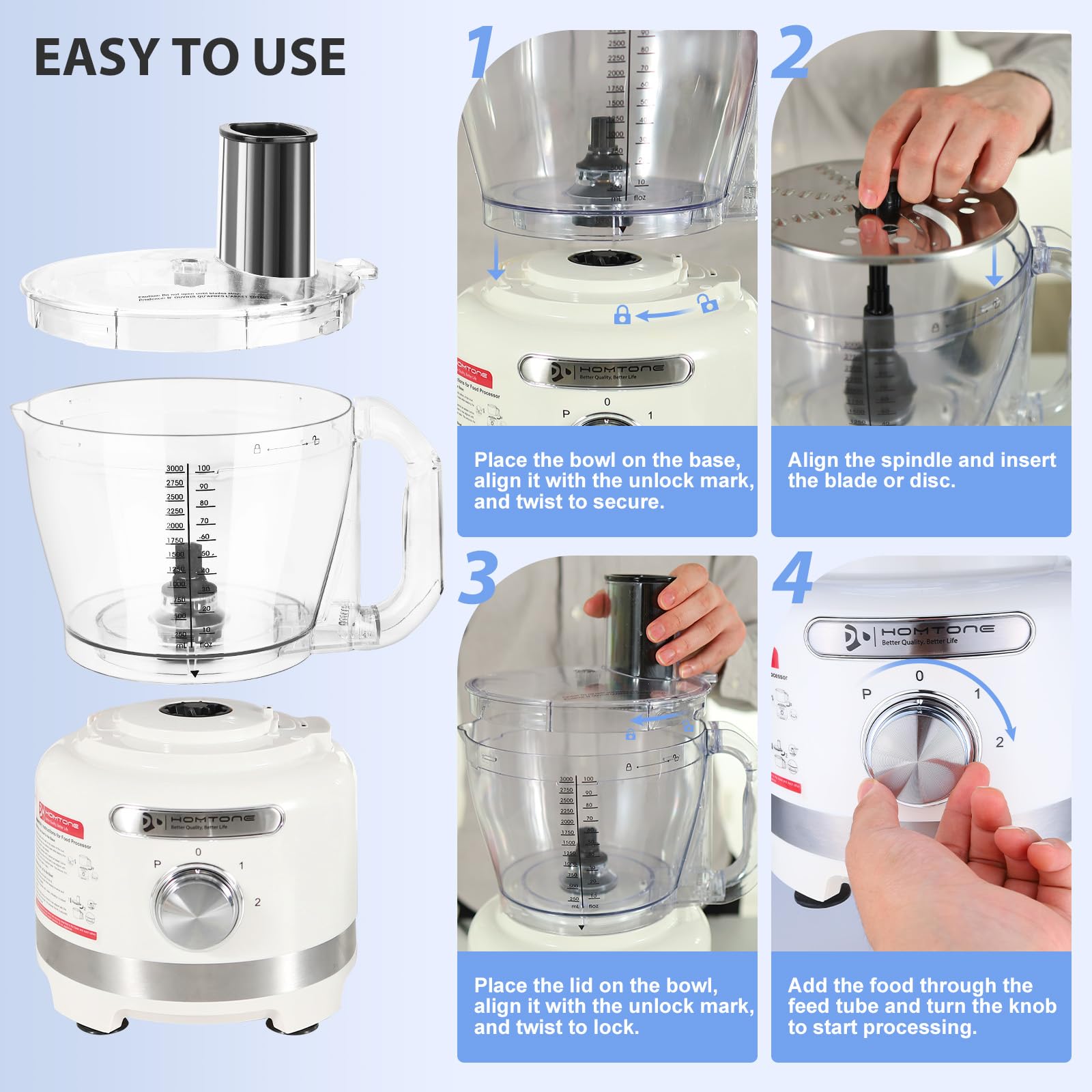 Homtone 16 Cup Food Processor with Storage Box, 10-in-1 Electric Vegetables Chopper for Slicing, Chopping, Mincing, Shredding, Purees & Dough, Extra-Large 3" Feed Chute, 600W, White