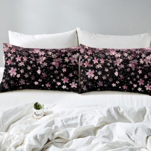 Feelyou Cherry Blossoms Sheet Set Queen Size Kids Sakura Flower Sheets with Deep Pocket Fitted Sheet for Boys Girls Teens Romantic Floral Botanical Bed Sheets Set Pink Black Bedding Set