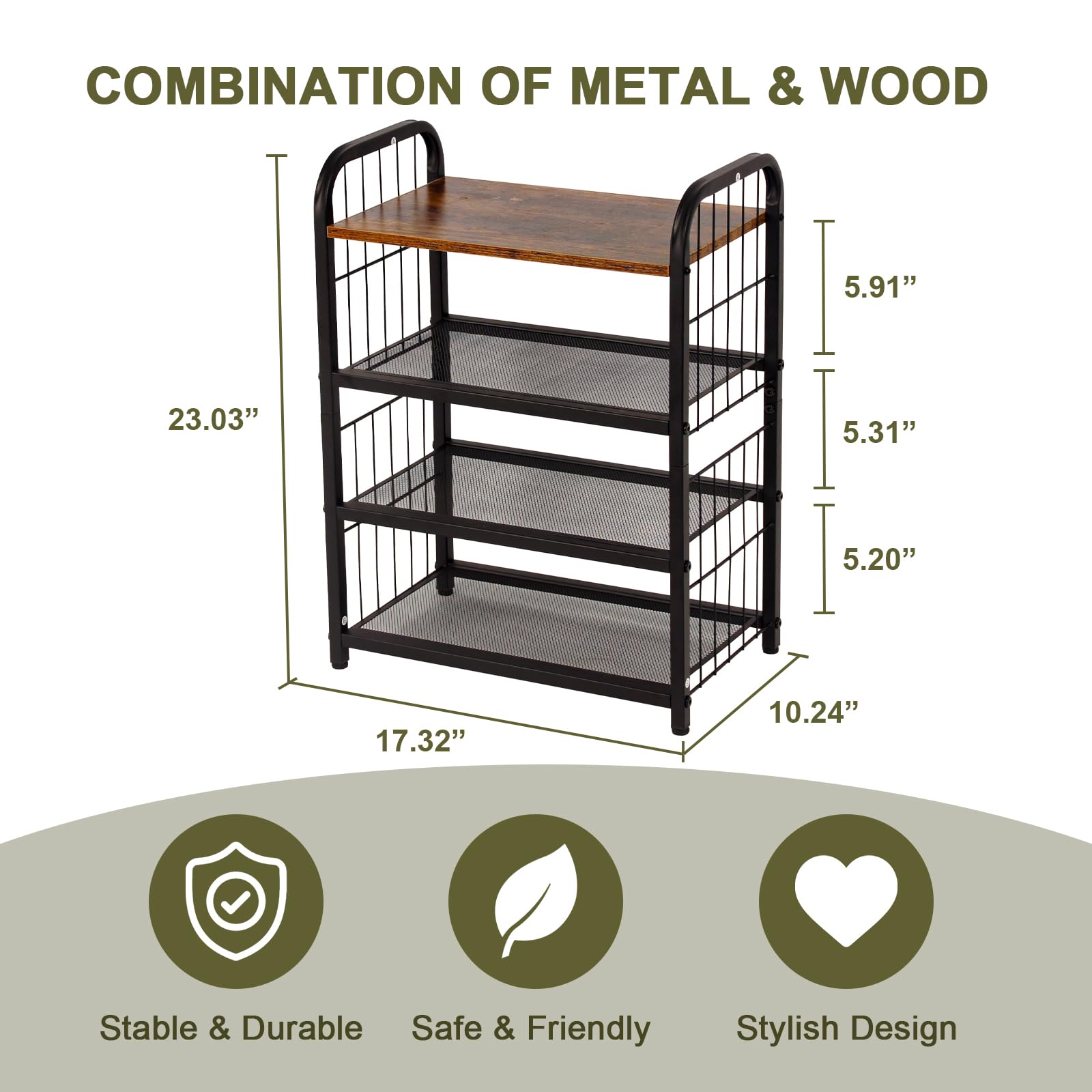 BWOORACKU Shoe Rack, 4-Tier Shoe Organizer with Guardrails, Heavy-Duty Metal Mesh Shelves & Rustic Wooden Top for Stylish Closet & Front Door Storage