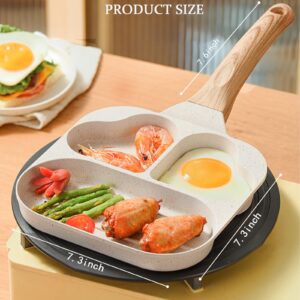 Nonstick Egg Frying Pan, 3-in-1 Nonstick Pan Divided Grill Frying Pan, Heat Resistant Handle 3 Section Skillet Mini Pancake Pan, Cooking Pan for Breakfast, Egg, Bacon and Burgers, 7.5 in (White)