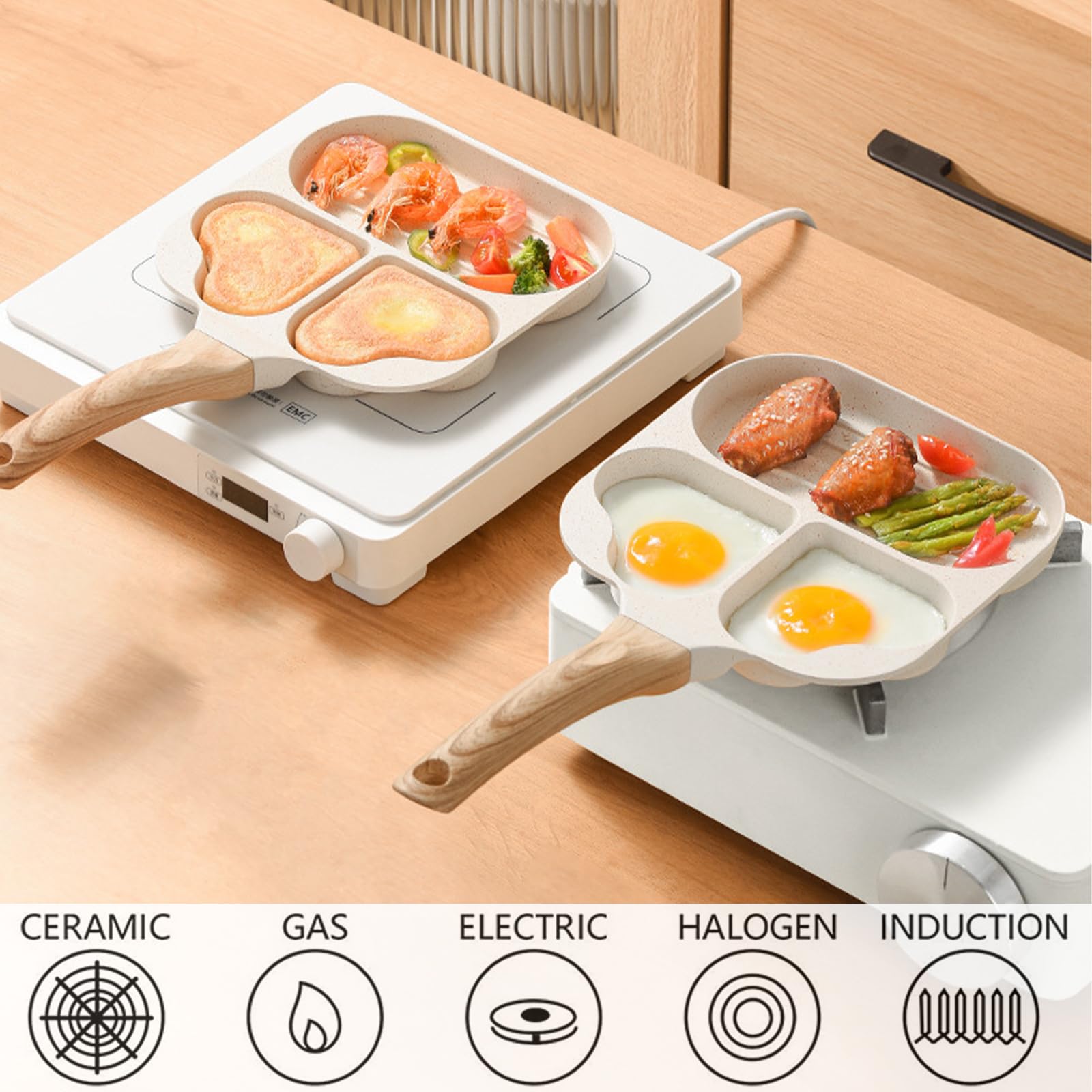 Nonstick Egg Frying Pan, 3-in-1 Nonstick Pan Divided Grill Frying Pan, Heat Resistant Handle 3 Section Skillet Mini Pancake Pan, Cooking Pan for Breakfast, Egg, Bacon and Burgers, 7.5 in (White)