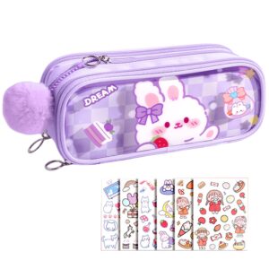 uinsue cute pen case adorable bunny transparent 3-layer large capacity pencil case gadget organizer with lovely stickers (purple)