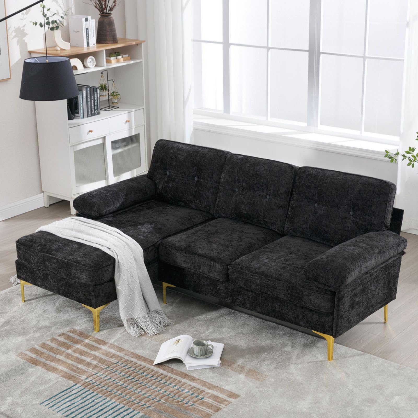 Apicizon 82" Black Sectional Sofa Cloud Couches, Modern L-Shaped Sofa Chaise Sleeper for Living Room, Convertible Sofa Couch with Cushion for Apartment Chenille