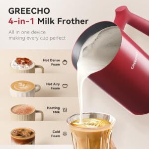 Milk Frother and Steamer, GREECHO 4 IN 1 Electric Milk Frother, 10.2oz/300ml Automatic Warm & Cold Milk Foamer for Coffee, Latte, Cappuccinos, Macchiato, Silent Operation & Automatic Shut-off (Red)