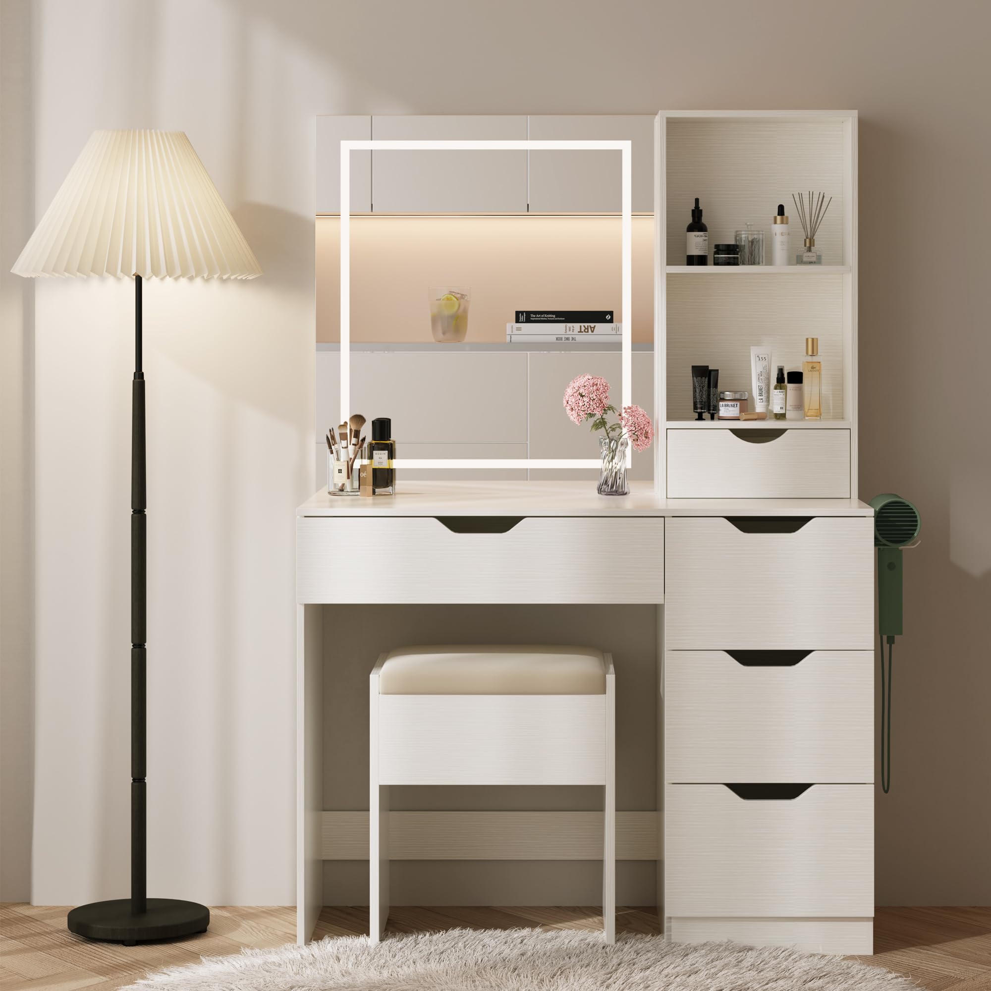 HUAHUU Vanity Desk with LED Lights Mirror & Power Outlet, 3 Lighting Colors Vanity Desk with 5 Drawers, Makeup Vanity Set and Cushioned Stool for Bedroom, White