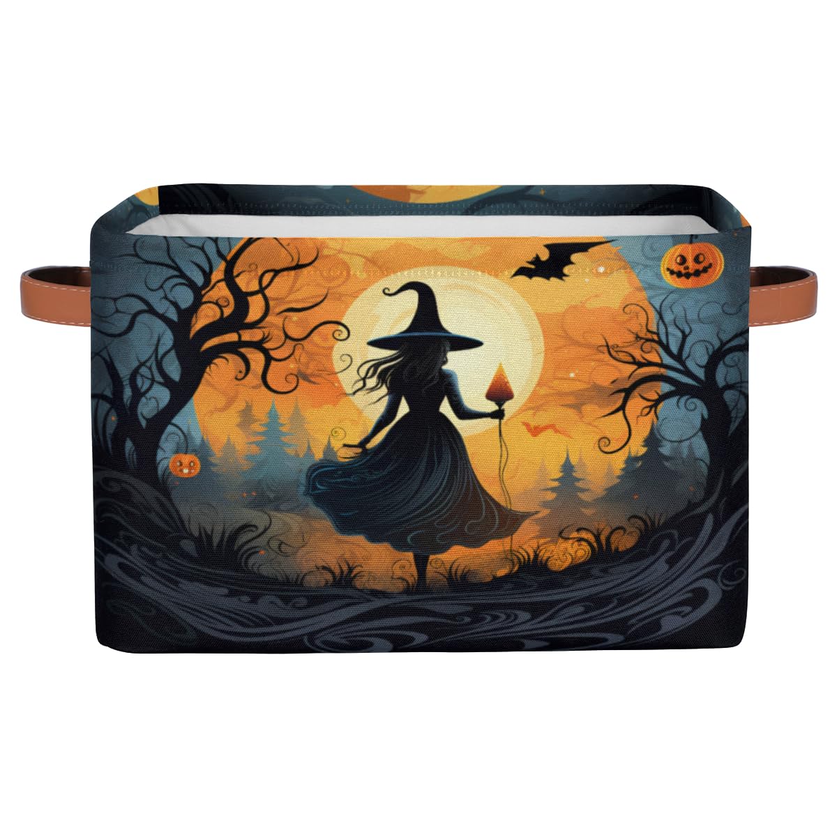 Halloween Witch Moon Bat Foldable Storage Basket Bin Large Fabric Kids Toys Storage Cube Box with Handles Collapsible Closet Shelf Cloth Organizer Basket for Nursery Bedroom Shelves Laundry