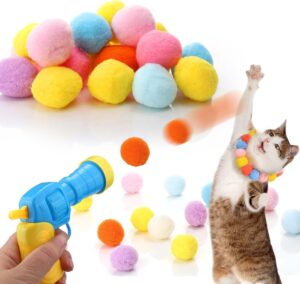 31pcs cat ball toy launcher gun, cat balls fetch toy, 30pcs plush fuzzy balls launcher cat toy for cats with 1 gun, funny interactive cat toys for bored indoor adult cats, cute kitten kitty toys