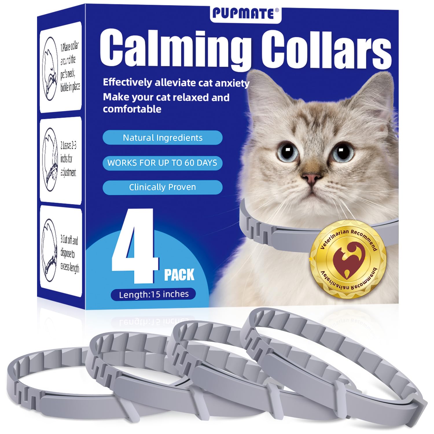 PUPMATE 4-Pack Adjustable Calming Collars for Cats with Cat Pheromones - Relieve Stress and Anxiety, Promotes Relaxation, 60-Day Long-Lasting Comfort, Effective for Calming and Behavior Management