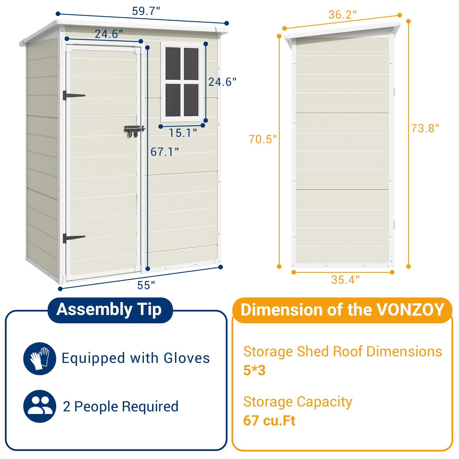 VONZOY Outdoor Storage Shed, 5x3FT Resin Shed with Floor, Lockable Door & Window, Waterproof Tool Sheds & Outdoor Storage for Bike, Garbage Cans,Garden Accessories, Sandstone