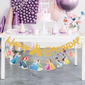 Princess Birthday Banner for Girls, Princess Birthday Party Decoration For Girls Kids Birthday Party Baby Shower Decorations (Gold)