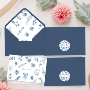 Whaline 36Pcs Blue Floral Thank You Cards with Envelopes and Stickers Blue Greeting Cards Blank Note Cards for Weddings Bridal Shower Baby Shower