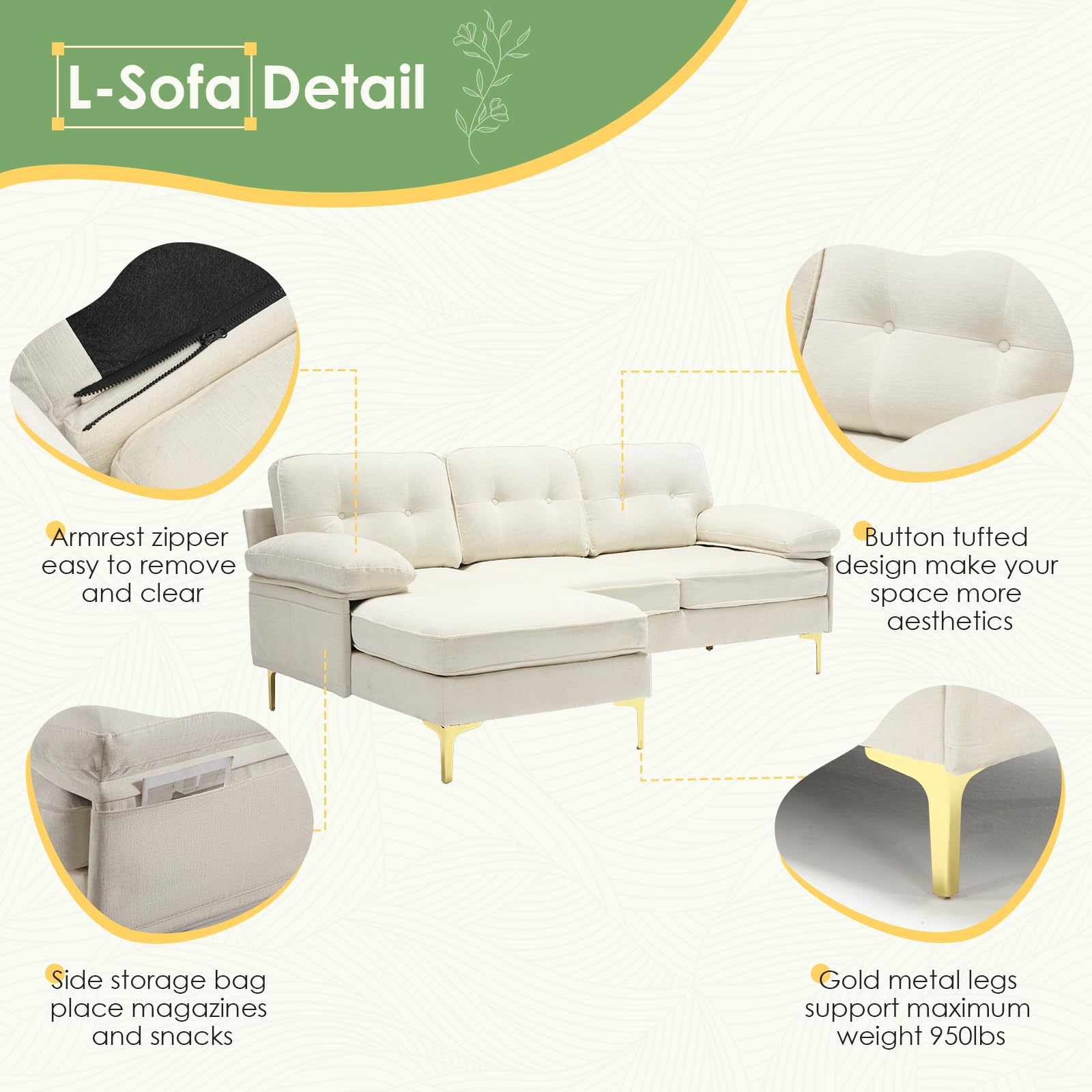 Apicizon 82" Sectional Couch L-Shaped Sofa, White Convertible Sectional Couch Sofa for Living Room, 3 Seater Sofa Couch with Tufted Cushion for Apartment, Beige Chenille