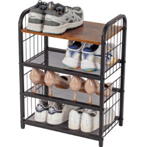 bwooracku shoe rack, 4-tier shoe organizer with guardrails, heavy-duty metal mesh shelves & rustic wooden top for stylish closet & front door storage