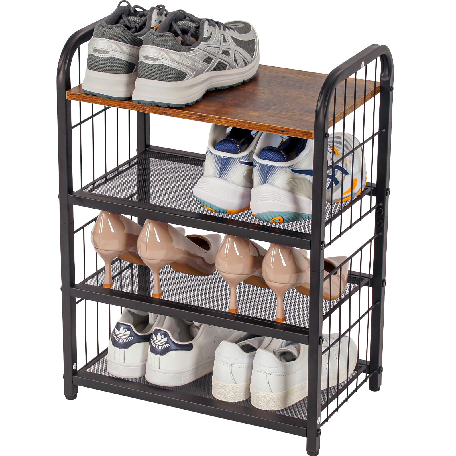 BWOORACKU Shoe Rack, 4-Tier Shoe Organizer with Guardrails, Heavy-Duty Metal Mesh Shelves & Rustic Wooden Top for Stylish Closet & Front Door Storage