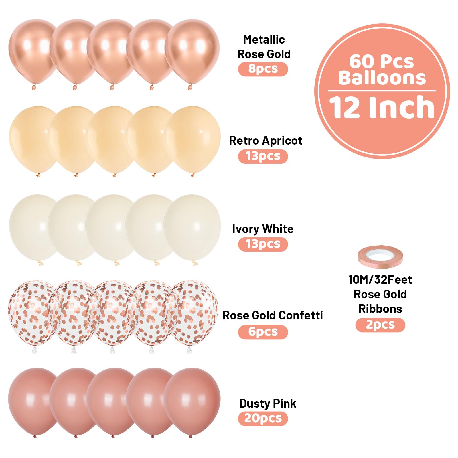 Funhot Retro Blush Pink Balloons Set, 60PCS Dusty Pink Birthday Balloons, 12Inch Chrome Rose Gold Balloons Beige Nude Latex Balloon for Girls Birthday Bridal Baby Shower Wedding Boho Party Decoration