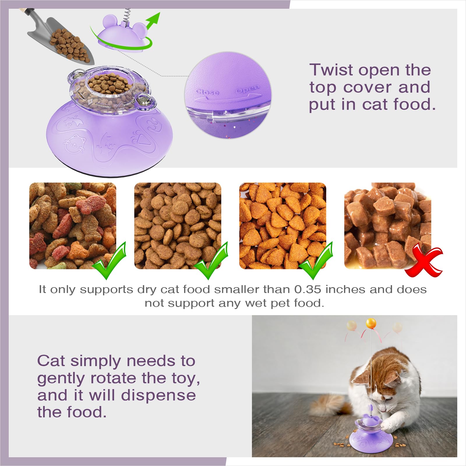 Interactive Cat Toy for Indoor Cats, Cat Treat Puzzle Feeder Toy-Cat Treat Dispenser - Cat Toys with Teaser Wand and Rotatable Design, Durable, Non-Toxic and Safe, Cat Toys for Bored Indoor (Purple)