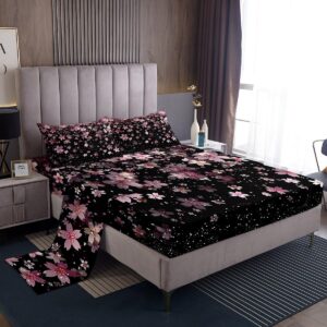 feelyou cherry blossoms sheet set queen size kids sakura flower sheets with deep pocket fitted sheet for boys girls teens romantic floral botanical bed sheets set pink black bedding set