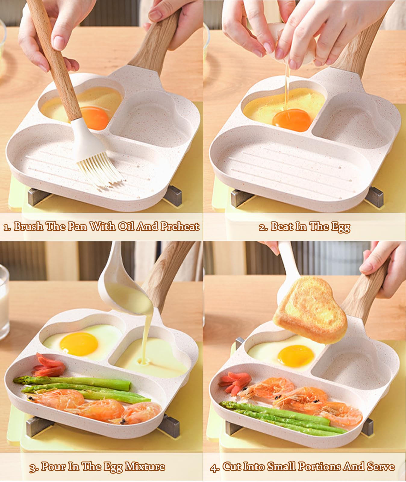 Nonstick Egg Frying Pan, 3-in-1 Nonstick Pan Divided Grill Frying Pan, Heat Resistant Handle 3 Section Skillet Mini Pancake Pan, Cooking Pan for Breakfast, Egg, Bacon and Burgers, 7.5 in (White)