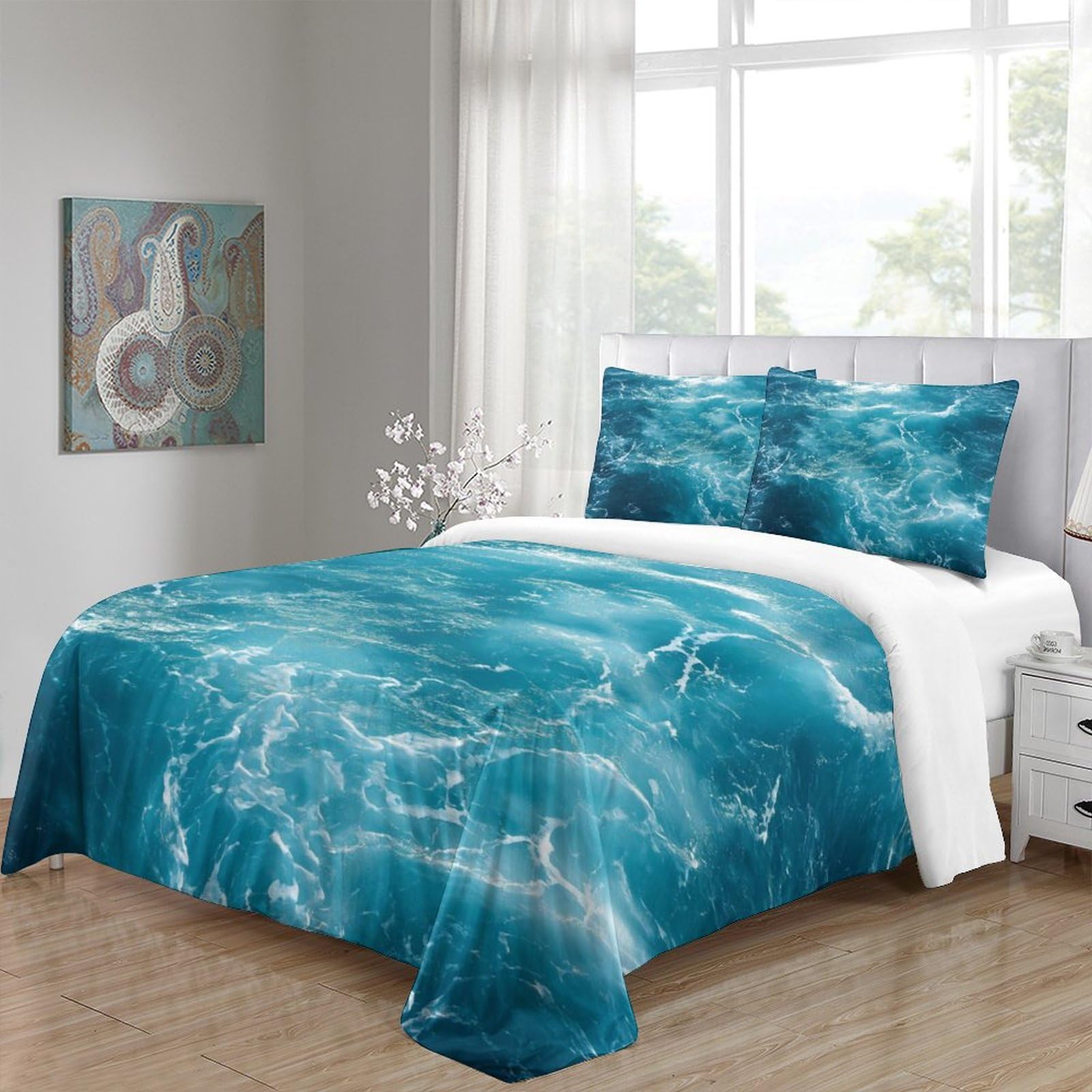 ERGTT Ocean 3D Printed Blue Duvet Cover for Boys Girls Quilt Cover Comforter Covers with Zipper Closure with Pillow Cases Soft Microfiber Bedding Set 3 Pieces Queen（228x228cm）