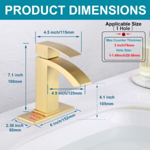 Jodulos Gold Bathroom Faucet, Waterfall Bathroom Sink Faucet with cUPC Supply Hose and Pop Up Drain, Single Handle Single Hole Modern Faucet for Bathroom Vanity