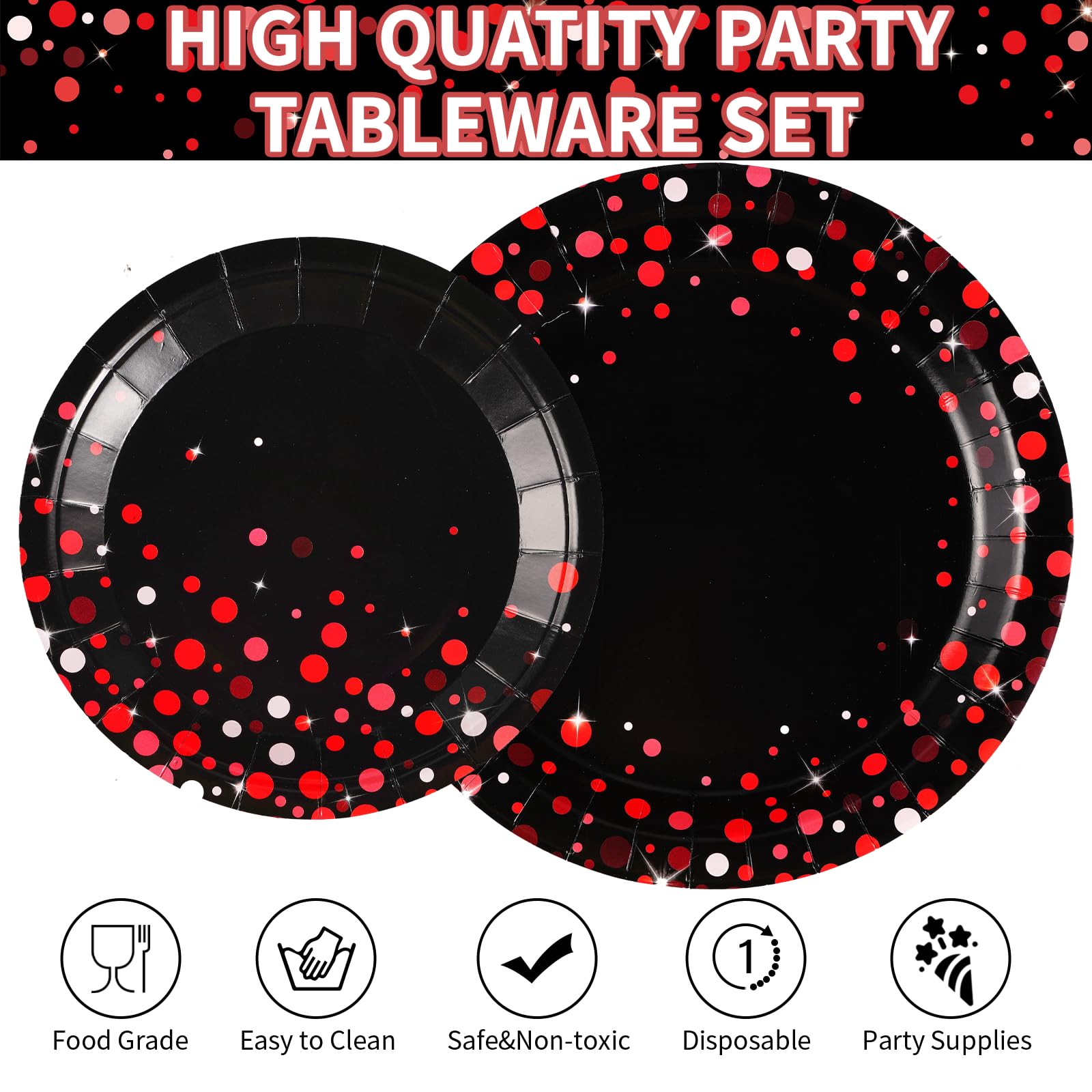 96Pcs Black and Red Party Supplies Red Dot on Black Party Plates and Napkins Disposable 350GSM Black and Red Birthday Tableware Set for Birthday Baby Shower Wedding Decorations, Serves 24