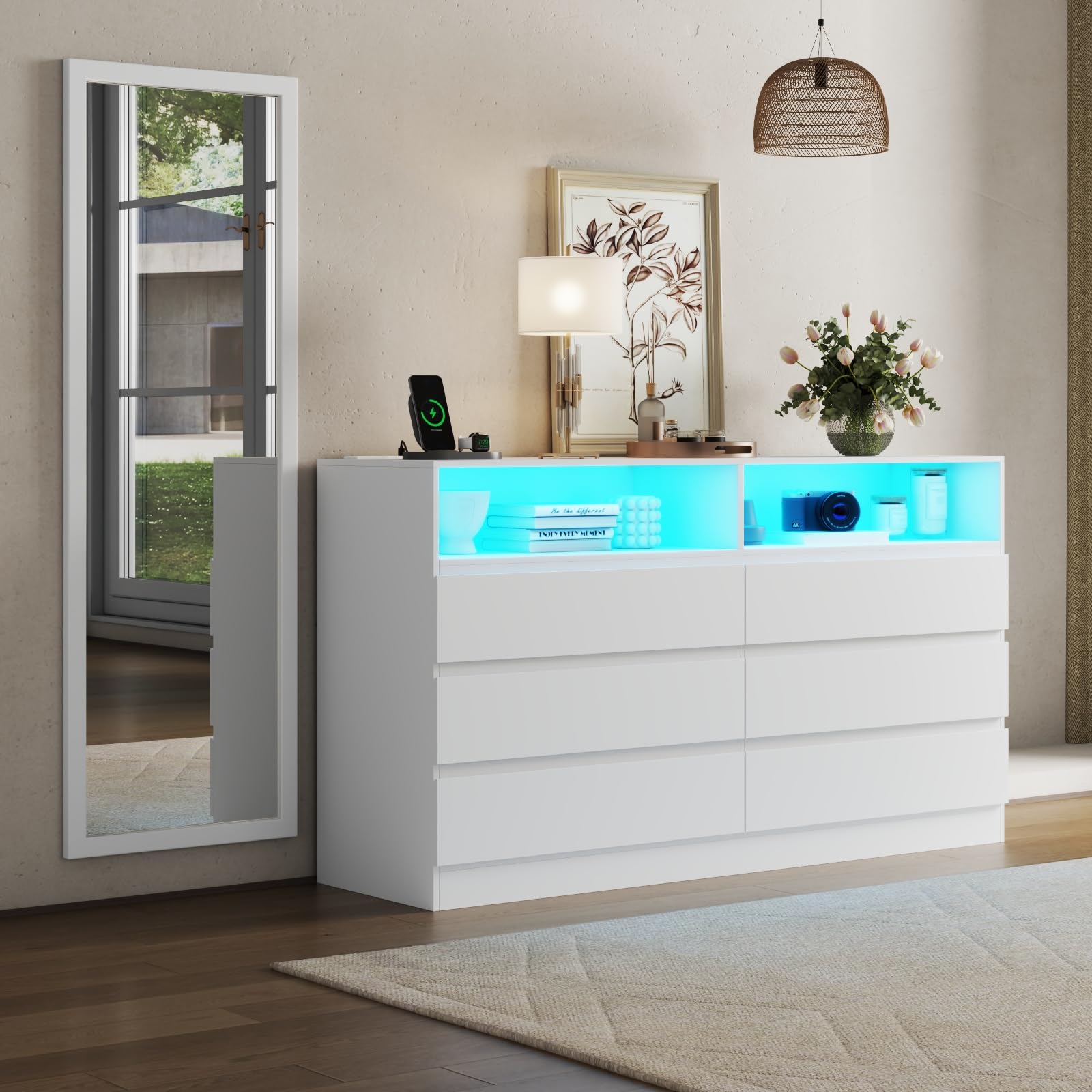 Gyfimoie Dresser for Bedroom with Full Length Mirror 48"x16", White Storage Dresser with Power Outlet, 6 Drawer Dresser with LED Light, Modern Dressers with Charging Station(White)