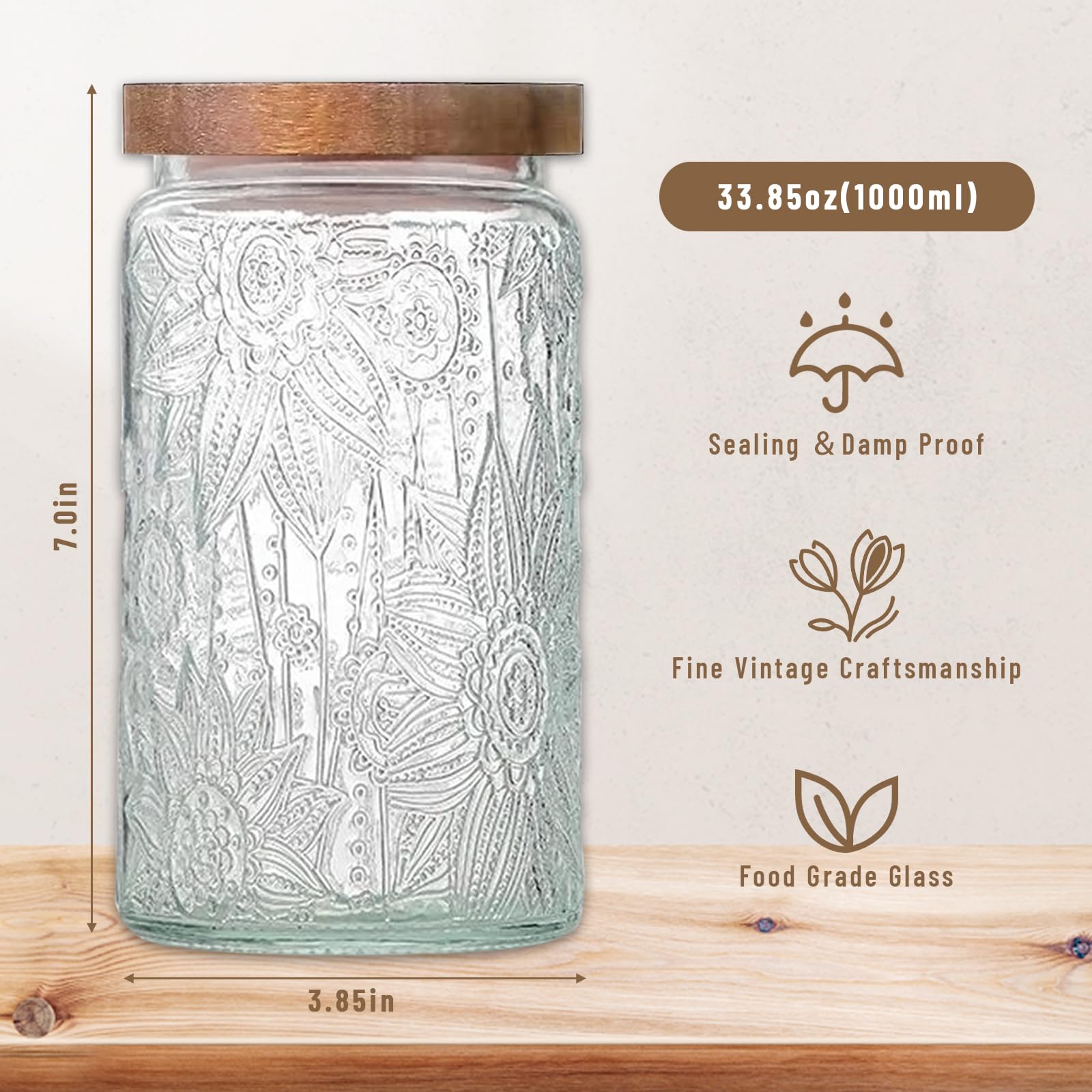 yoqelt Vintage Glass Jars with Wooden Lids, 2 Pack 34 oz Airtight Glass Food Storage Containers Sets for the Kitchen, Sugar Coffee Candy Spice Cookie Tea Pasta