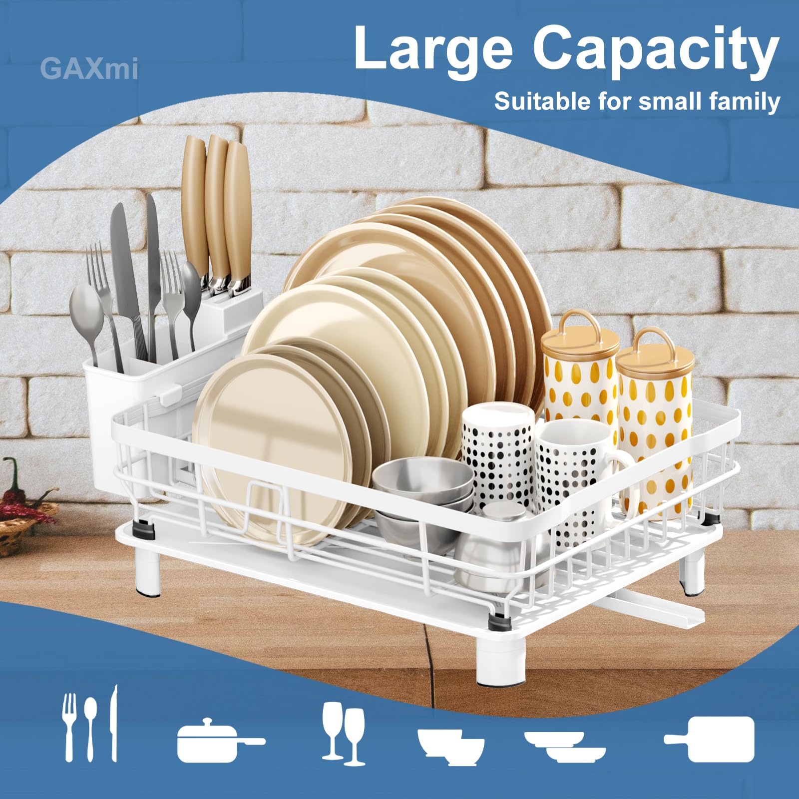 GAXmi Dish Drying Rack Over The Sink Dish Drainer with Drainboard Utensil Holder Adjustable Spout, 1-Tier White